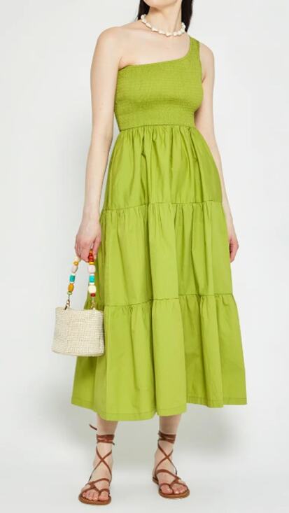 o.p.t Dresses & Skirts - o.p.t One Shoulder Smocked Tiered A-Line Maxi Dress Chartreuse Green Large